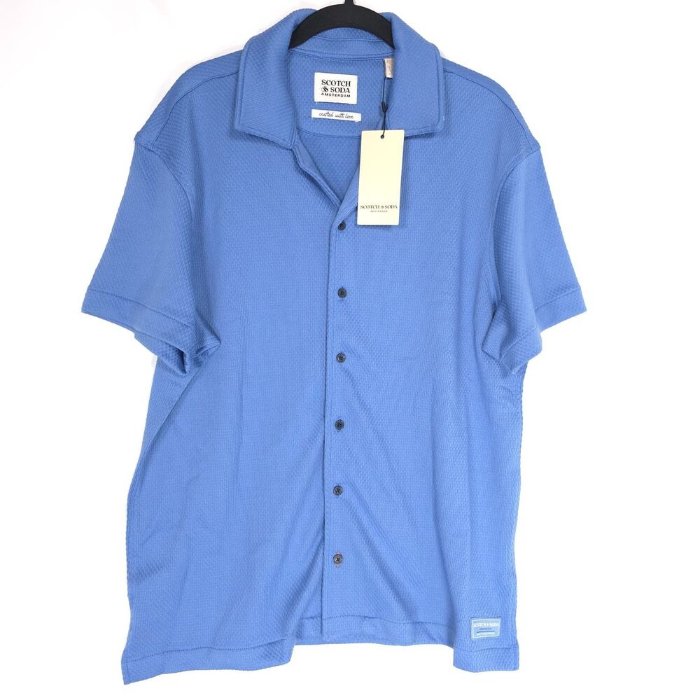 SCOTCH & SODA Amsterdam New Blue MEDIUM Popcorn Jersey Camp Shirt Riviera Men’s